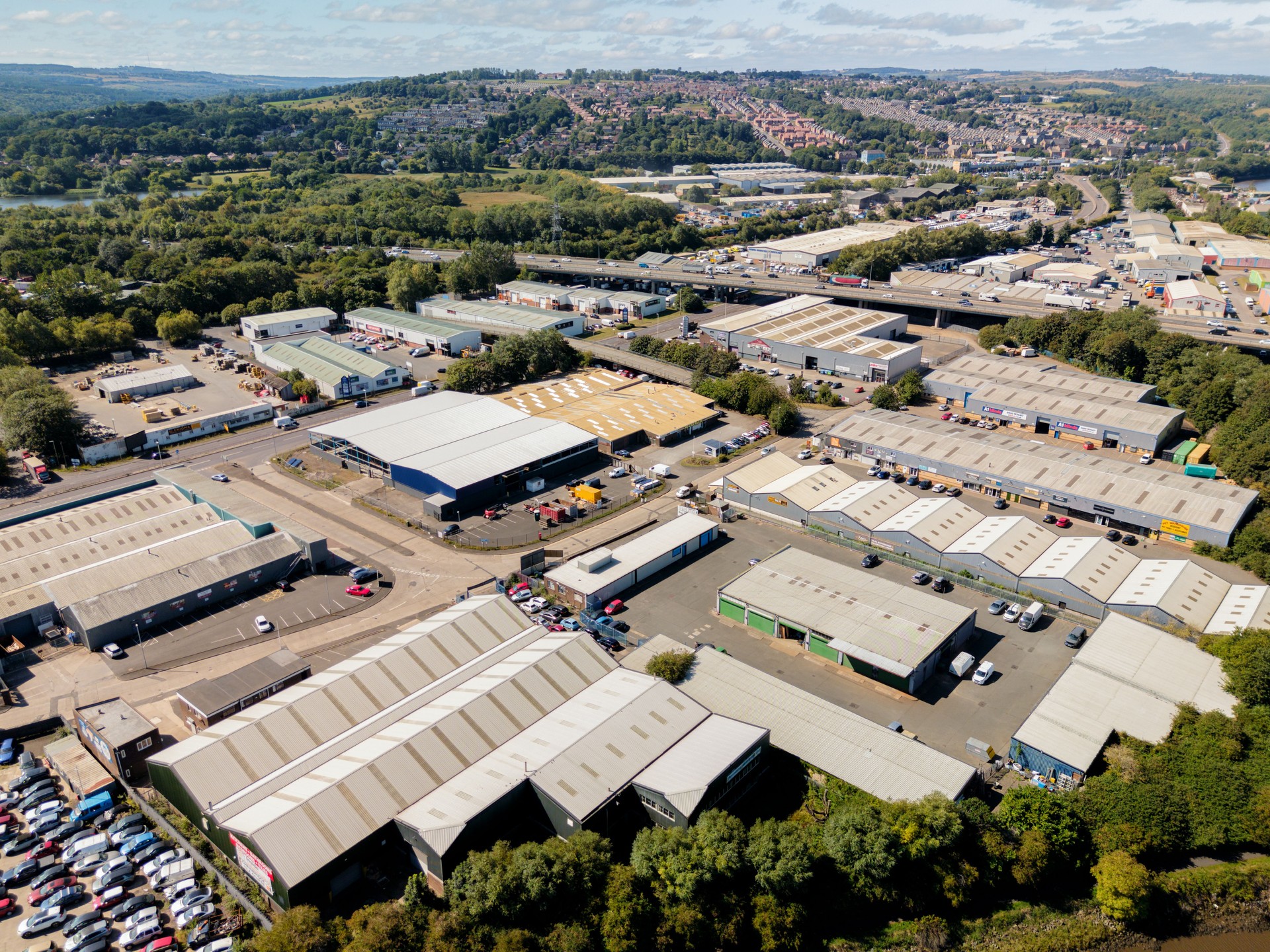 Blaydon Industrial Estate, featuring various warehouses and commercial units amidst greenery